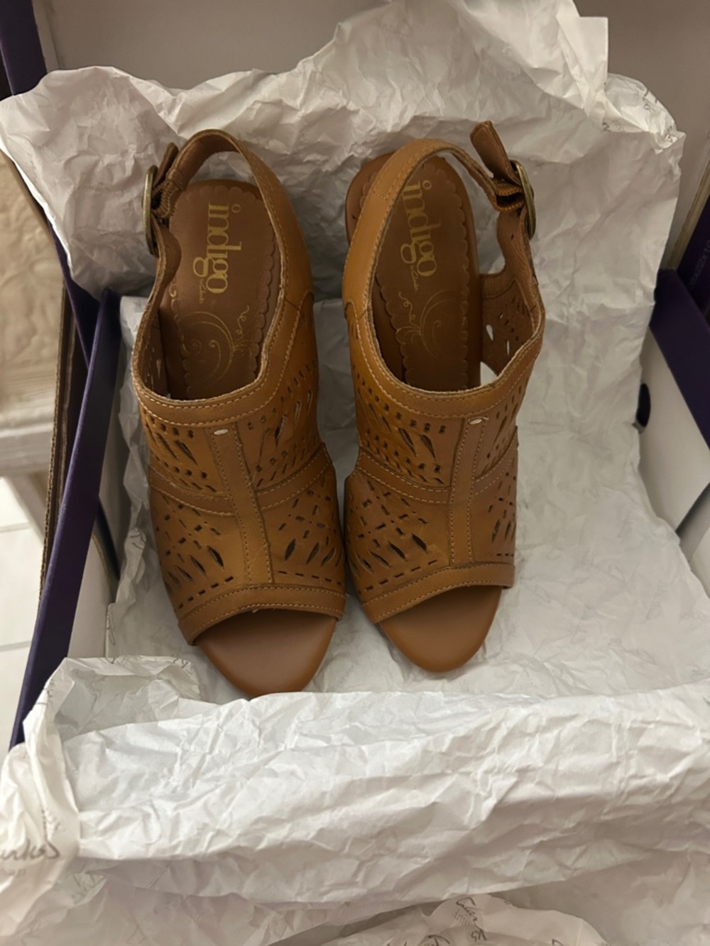 Indigo Tan Laser-Cut Open-Toe Slingback Heels